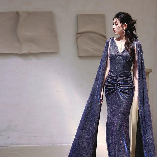 DOLLY Elegant Blue Gray Deep V-Neck Sleeveless Slim Fit Shawl Dinner Dress-KRISTI (V)