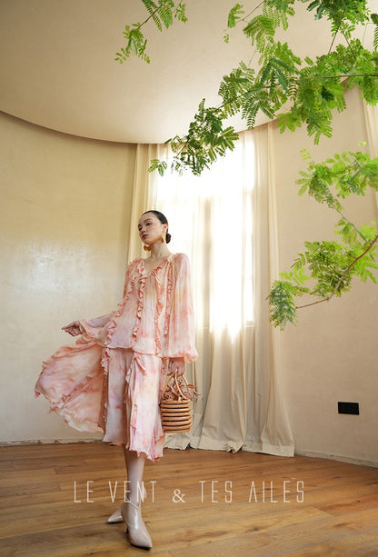 LE VENT& TES AILES Spring summer elegant multicolor silk smudged floral shirt skirt-ENE