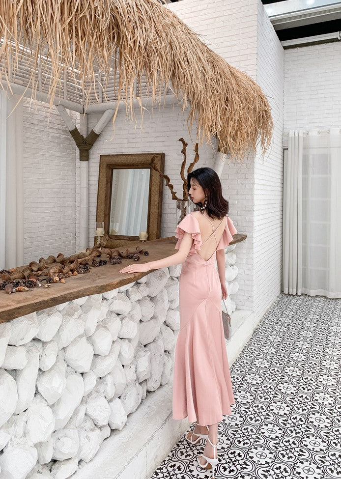 DOLLY Luxury Pink French Style V-Neck Ruffle Sleeve Long Wedding Guest Dress-MARON