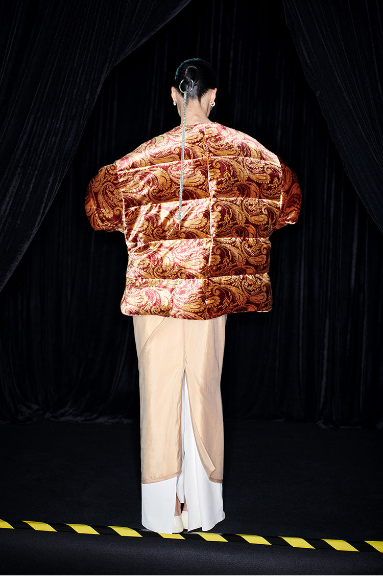 M essential Mackay designer Tuoba silk-velvet silhouette puffer jacket  dress- Tuoba