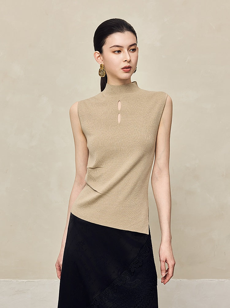 HECO Asymmetrical Wool Blend Sleeveless Mock Neckline Top- CHOOSE.