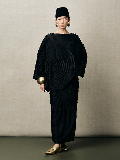 ZHUCHONGYUN oriental black round spiral pleated long slit straight skirt--HUNTER.