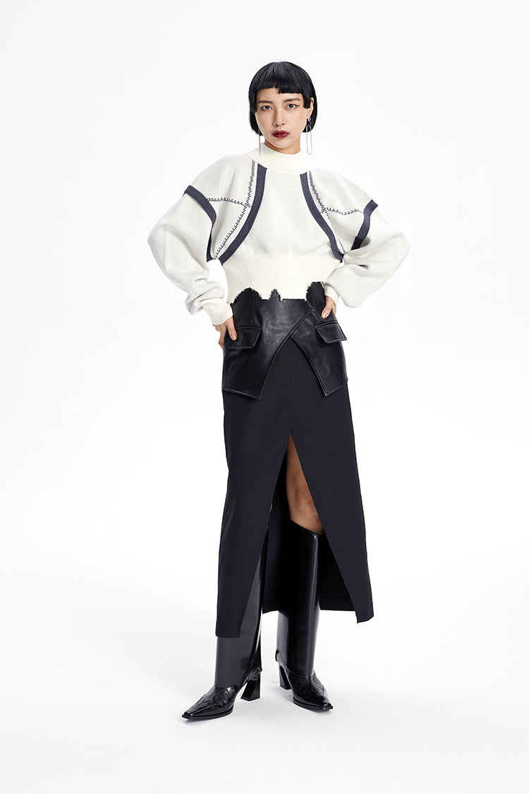 TINY IN large slit leather panel long black high-waisted skirt - DON