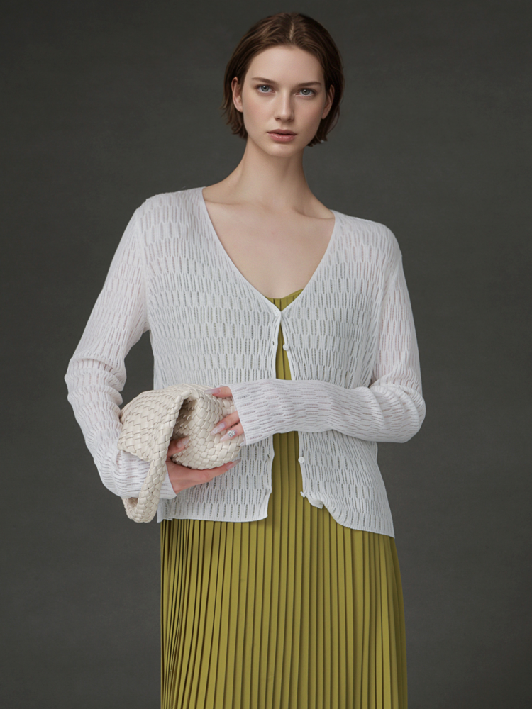 PIAOIN Tencel Linen Cool French Cutout V-Neck Cardigan Women's Slim Knit Jacket -AVA