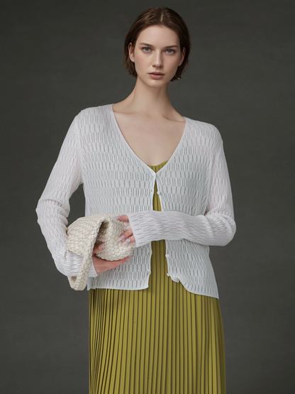 PIAOIN Tencel Linen Cool French Cutout V-Neck Cardigan Women's Slim Knit Jacket -AVA