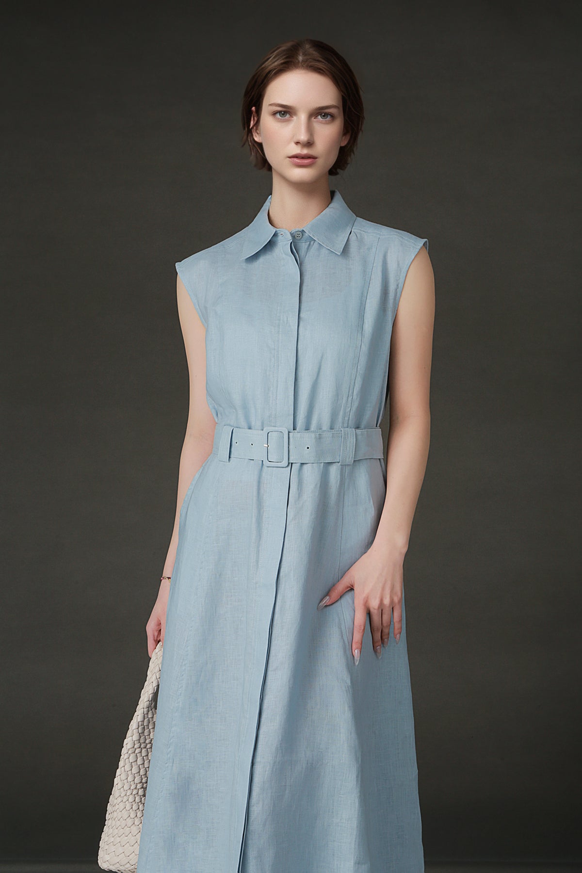 PIAOIN minimalist 100% linen sleeveless belted midi green pastel blue shirt dress -EVELYN.