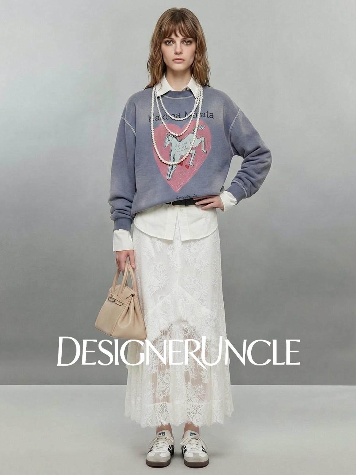 DGU×LAB "Lanma" blue fleece sweatshirt new loose printed crew neck top - FLAUX