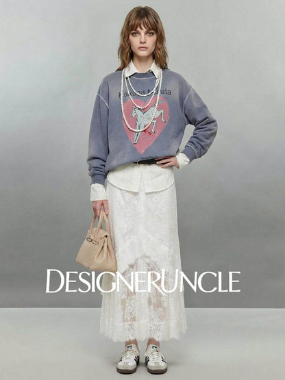 DGU×LAB "Lanma" blue fleece sweatshirt new loose printed crew neck top - FLAUX