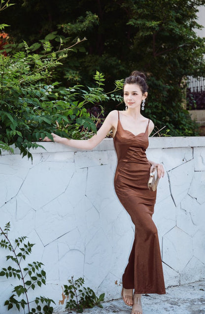 DOLLY Elegant Brown Sleeveless Satin Slim Fit Hip Hug Long Dinner Dress-CRESSIDA