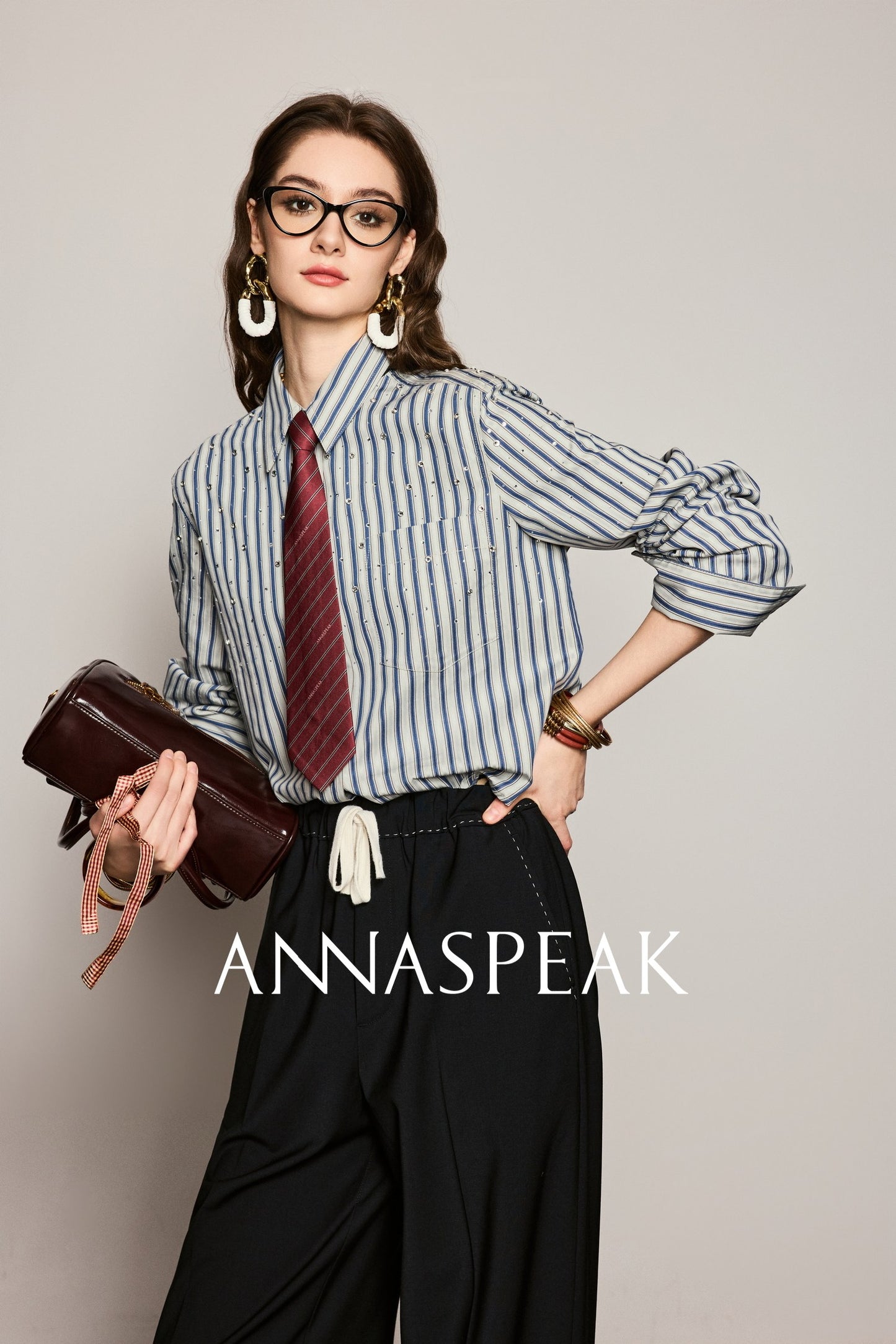 ANNASPEAK striped long staple cotton truncated shirt-QUEN.