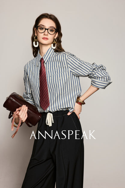 ANNASPEAK striped long staple cotton truncated shirt-QUEN.