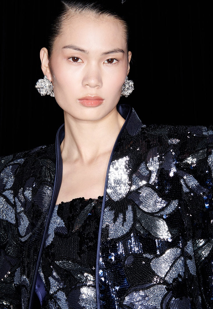 M essential Mackay Magnolia embroidered sequins padded shoulder crop coat dress pants suit - Ilie.