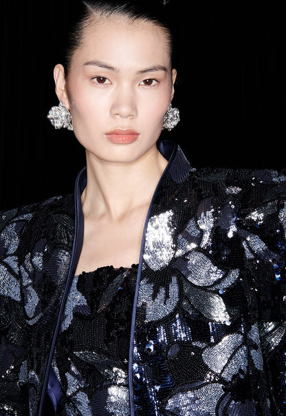 M essential Mackay Magnolia embroidered sequins padded shoulder crop coat dress pants suit - Ilie.