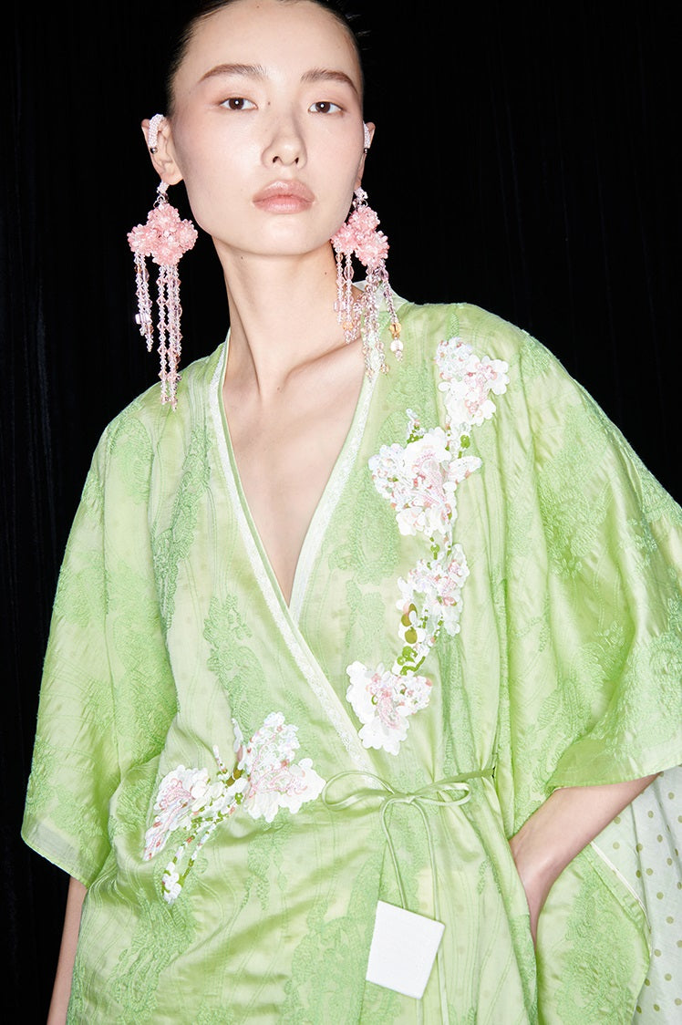 M essential Mackay designer green embroidered fabric magnolia beaded cardigan robe - RUTH.