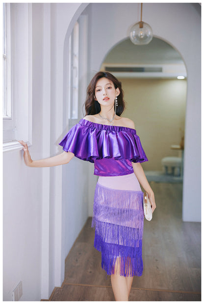 DOLLY Elegant Purple Satin Ruffle Of Shoulder Top+ Gradient Tassel Skirt-ZAYN