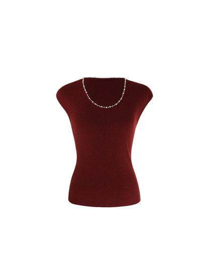 HECO Chinese style U-neck nail bead shoulder wrap small fly sleeve top - ROSE.