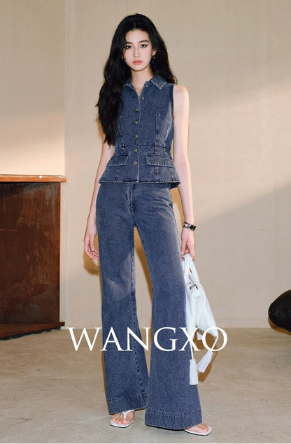 WANGXO Denim Suit Waist-Cinched Vest & Retro Flared Pants - VIOLA
