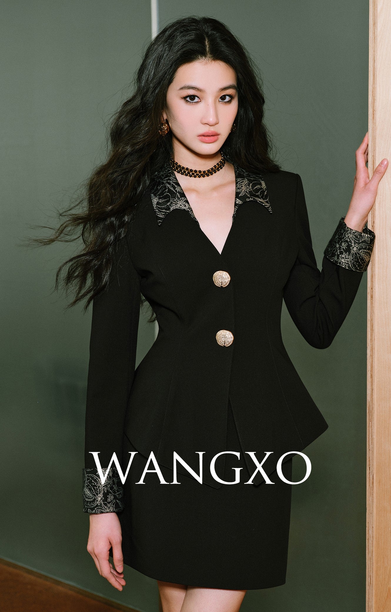 WANGXO | Silk Jacquard Suit Wide Waist A-Hem Jacket & Skirt Set -GAGE.