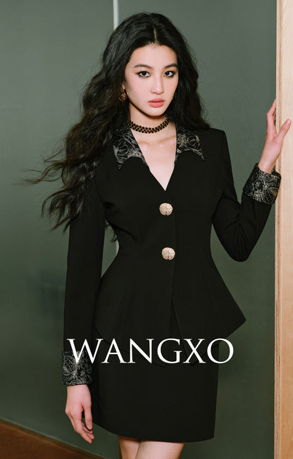 WANGXO | Silk Jacquard Suit Wide Waist A-Hem Jacket & Skirt Set -GAGE.