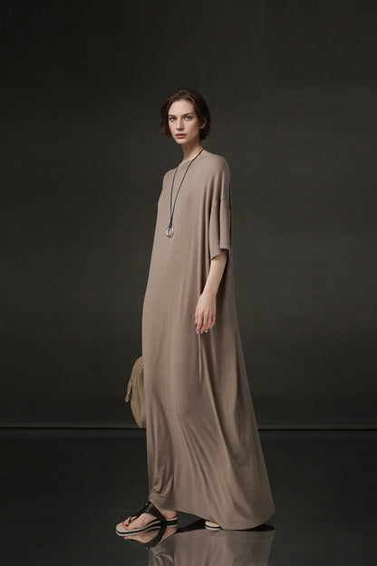 PIAOIN minimalist style nude tencel wool t-shirt skirt versatile dress -LYDIA