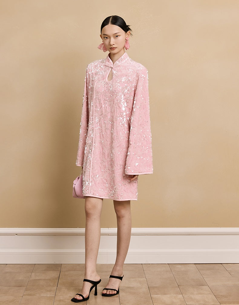 HECO floral sequins embroidery long sleeve short DRESS  - CUTE.
