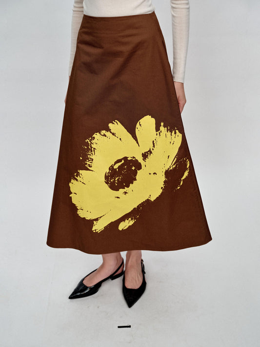 SERRER Bright yellow daisy print brown skirt - LOGAN.