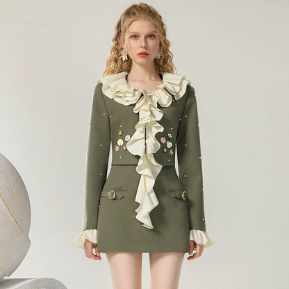 CHECOCRE Elegant Romantic Casual Ruffle Design Olive Green Mini Skirt Suit Set  - DANIEL