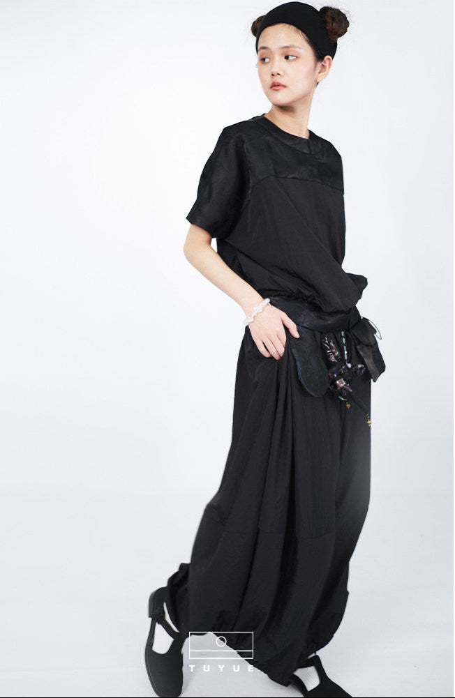 TUYUE Dark Blue Waist Trench Coat Texture Short Sleeve Dress- ANDREA.