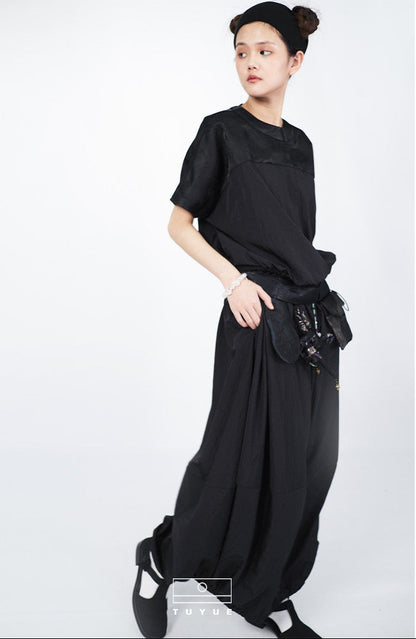 TUYUE Dark Blue Waist Trench Coat Texture Short Sleeve Dress- ANDREA.