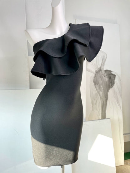 DOLLY High End Slant Collar Ruffled Of Shoulder Body Hug Short Formal Dress-ZENAIDA