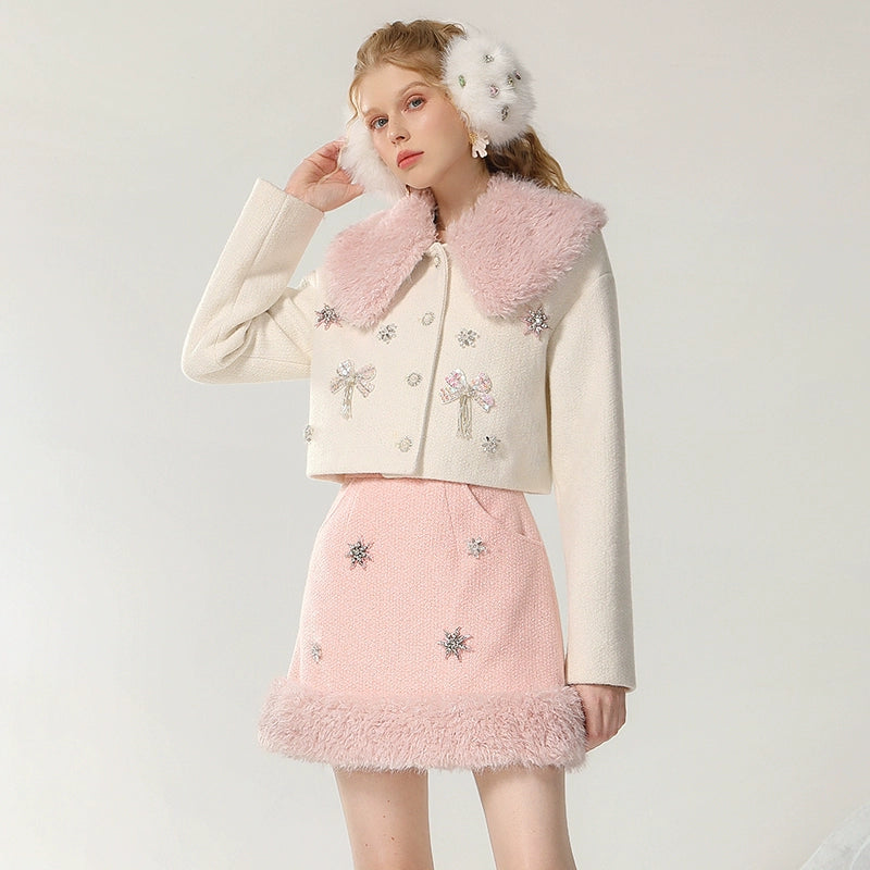 CHECOCRE Chic Romantic Sweet White and Pink Fur Collar Suit - INTENSE
