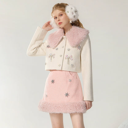 CHECOCRE Chic Romantic Sweet White and Pink Fur Collar Suit - INTENSE