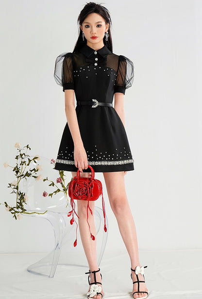 CHECOCRE Cute Nail Diamond Mesh Puff Sleeves Little Black Dress - INOVATIVE