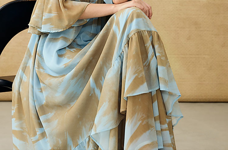 HECO Chinese V-neck wavy sleeve summer big resort dress - AMAZE .