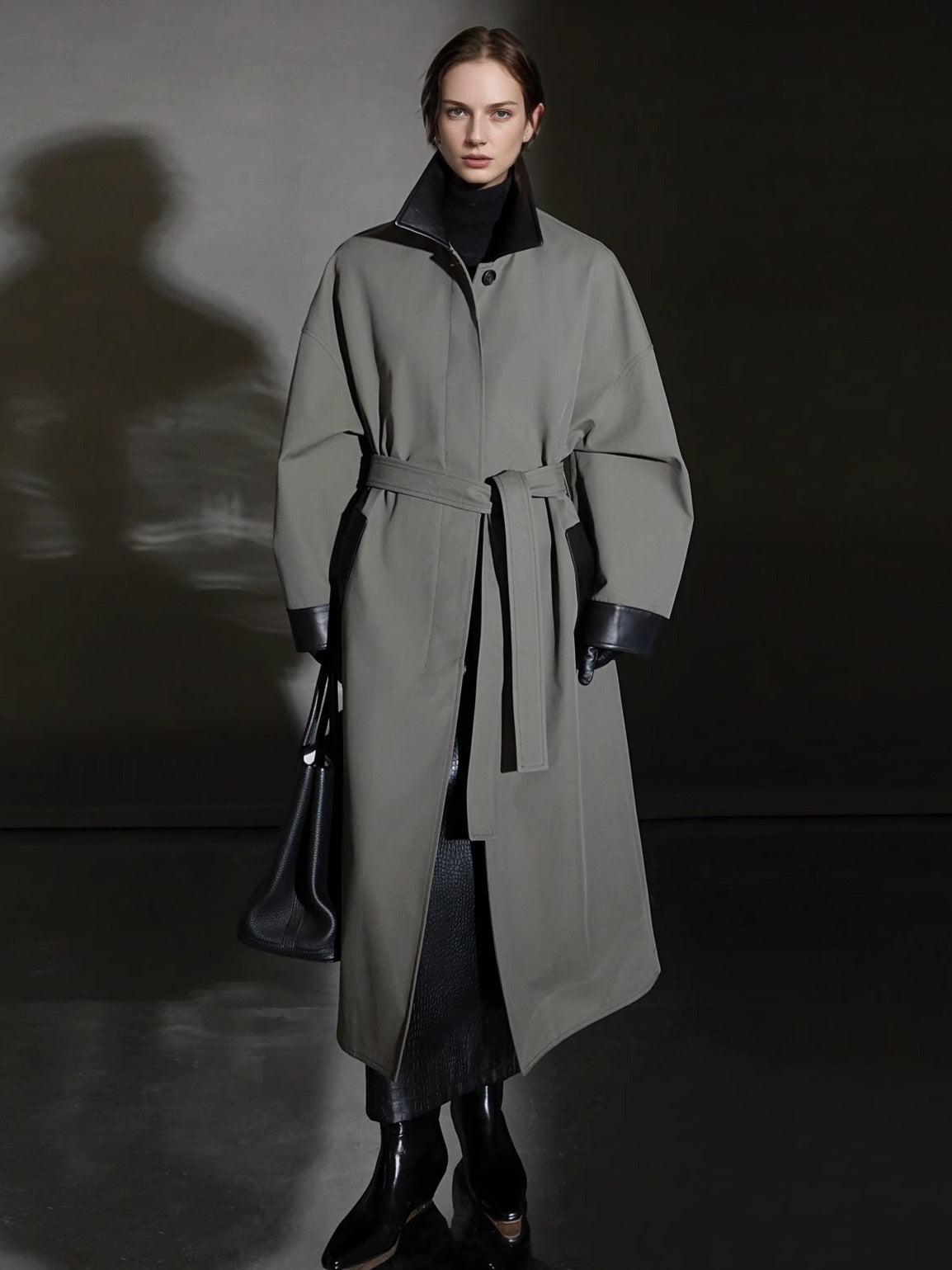 PIAOIN sheepskin stitched collar design sense trench coat women's unisex style-DEX