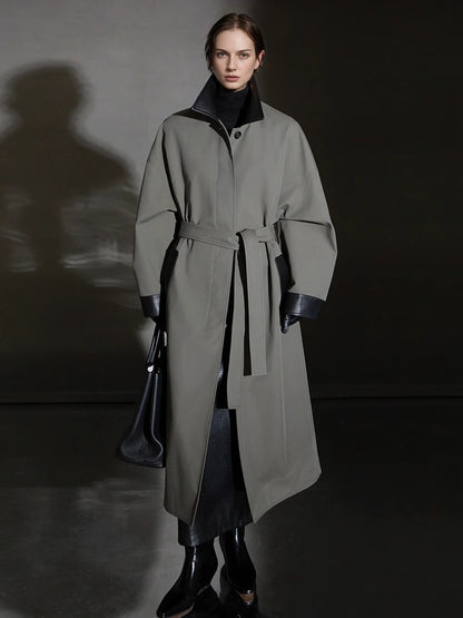 PIAOIN sheepskin stitched collar design sense trench coat women's unisex style-DEX