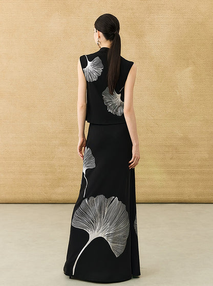 HECO Chinese Style Elegant Swing Neck Sleeveless Ginkgo Biloba Print T-Shirt - BOBA.