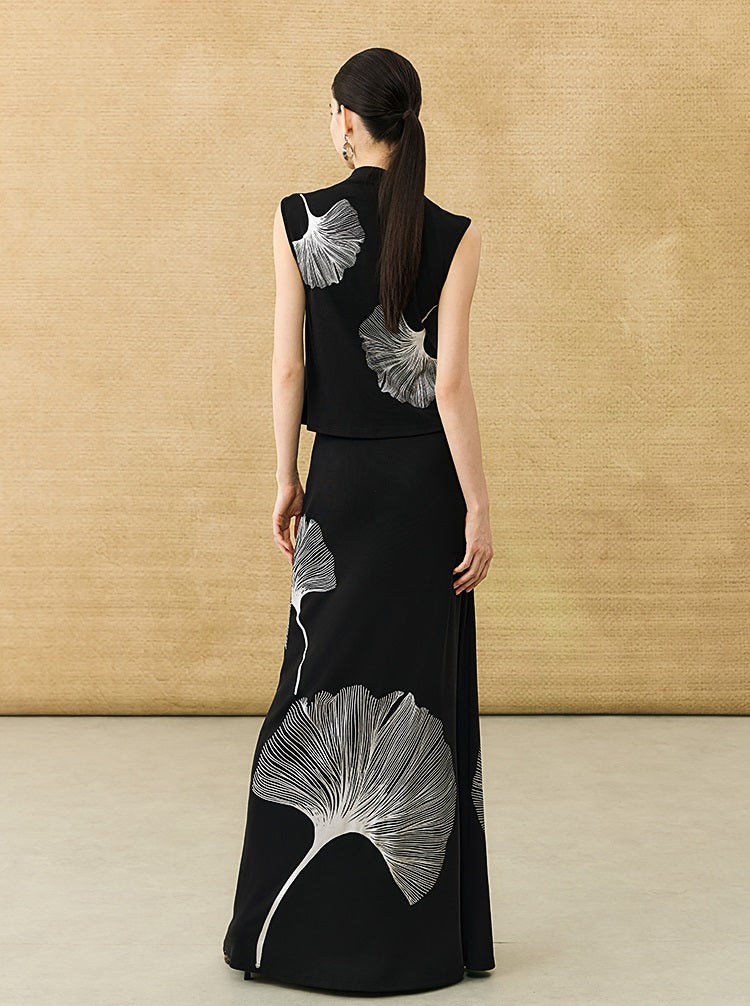 HECO Chinese Draped Summer Heavy Industry Ginkgo Biloba Print Slim Skirt - COLS.