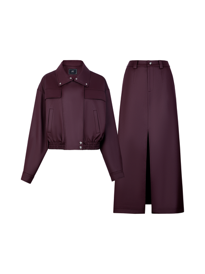 AUI Quiet Luxury Style Stand Collar Jacket Slit A-Line Skirt Two-Piece Set -  Eun Ae!