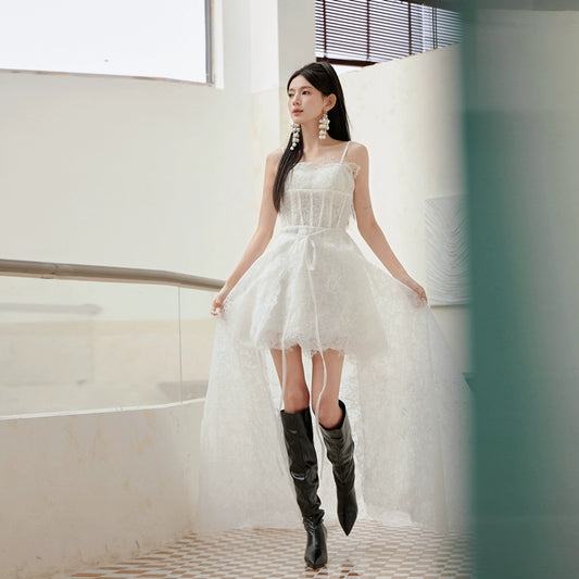 DOLLY Elegant White Sleeveless High Waist Suspender Short Party Dress-LANCEY