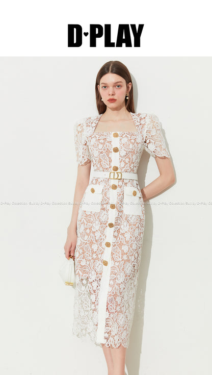 White open-work Lace Three-Dimensional Metal Buckle High Waist Dress - Ebin