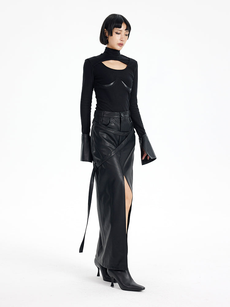 TINY IN black irregular tie women's high waist slit pu leather long skirt -CAM
