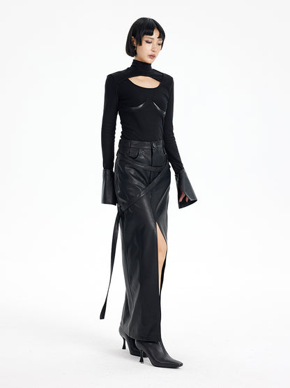 TINY IN black irregular tie women's high waist slit pu leather long skirt -CAM
