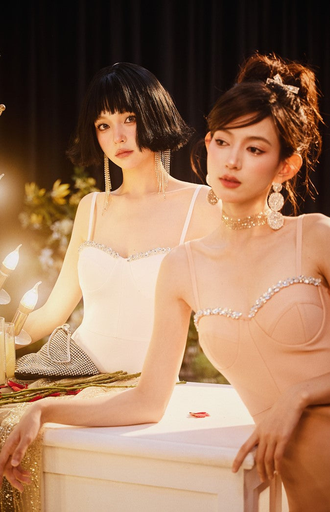 DOLLY High End White/Nude Sleeveless Diamond Fish Tail Suspender Dress-JABEL