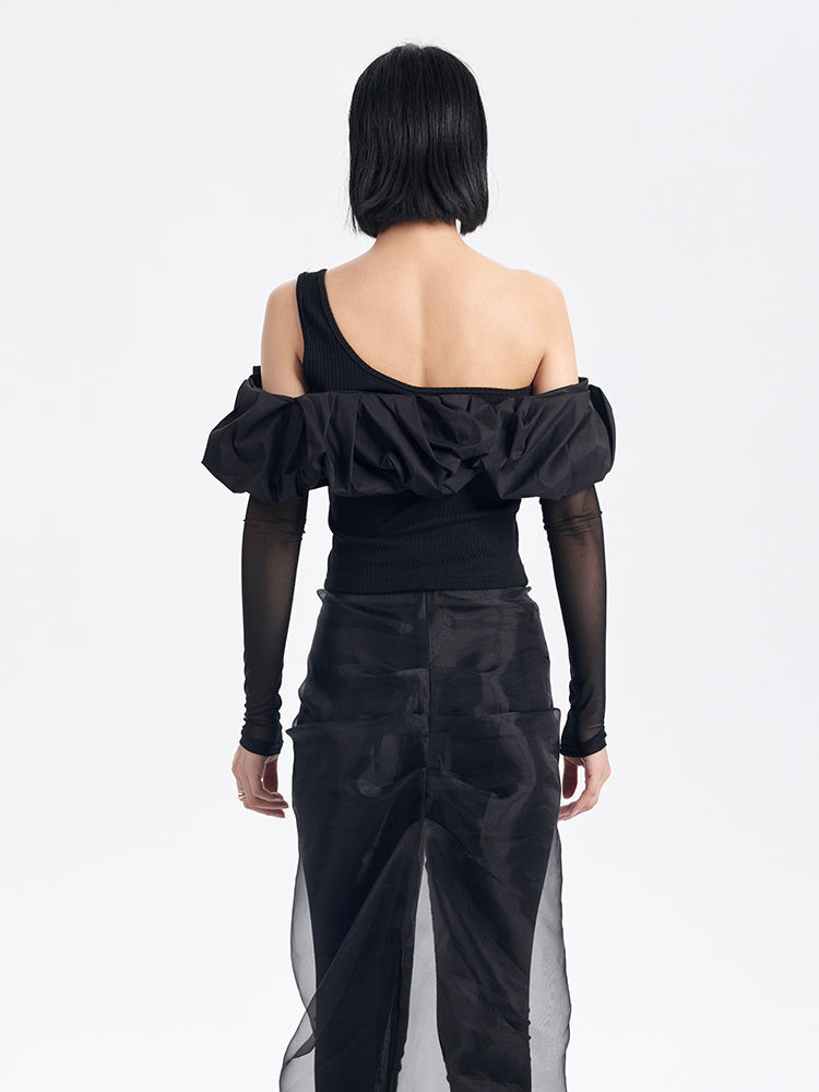 TINY IN  ruffle slanted shoulders cropped top with mesh sleeve -ZAN