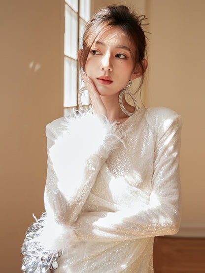 DOLLY Elegant White Crew Neck Long Sleeve Short Sequin Sexy Birthday Dress-LAYLA