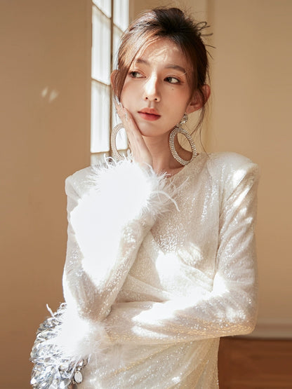 DOLLY Elegant White Crew Neck Long Sleeve Short Sequin Sexy Birthday Dress-LAYLA