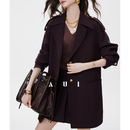 AUI Mocha Mousse Suit Collar Trench Coat Jacket - Hana!
