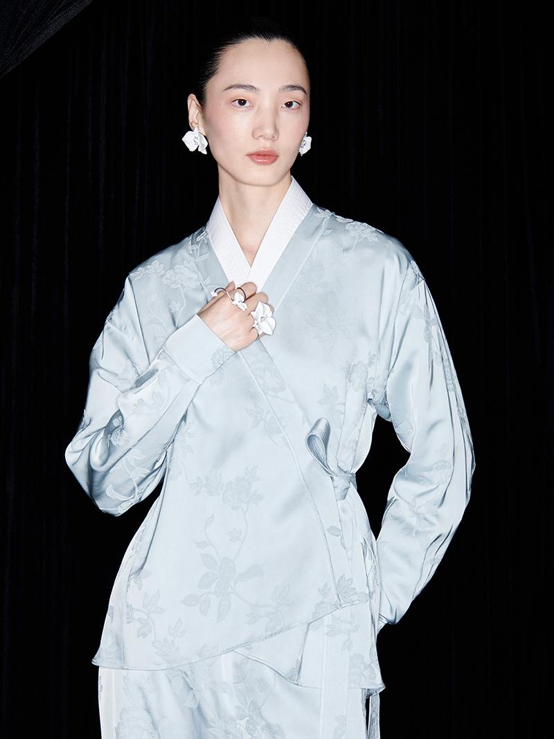 M essential Mackay designer pastel blue Jacquard knotted jacket pants suit set - Gekit.