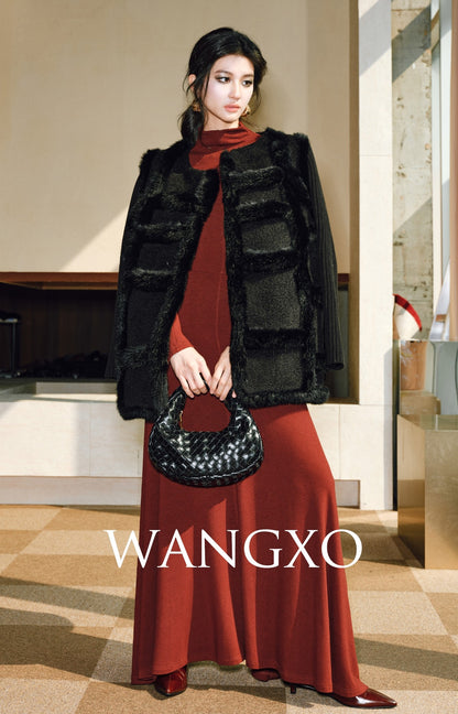 WANGXO | Heavy Industry Wavy Wool Tweed & Rabbit Fur Jacket-SENA.